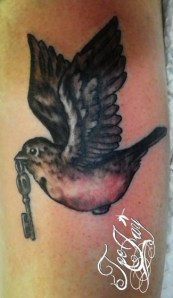 Song Sparrow with skeleton key tattoo