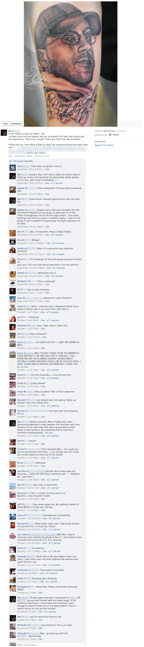 Aaron's Portrait Tattoo on his Brother Ben