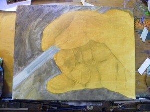work in progress oil painting of hand