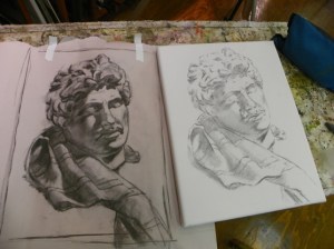 charcoal drawing transferred to canvas