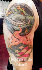 Harley Tattoos - flag, flames and hawg