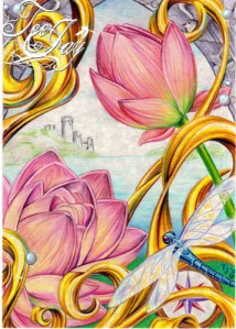 colored pencil lotus and dragonfly