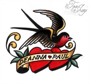 traditional bird and hearts tattoo design