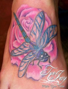 dragonfly flower tattoo on foot