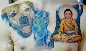 Dog, Helper Spirit and Buddha tattoo