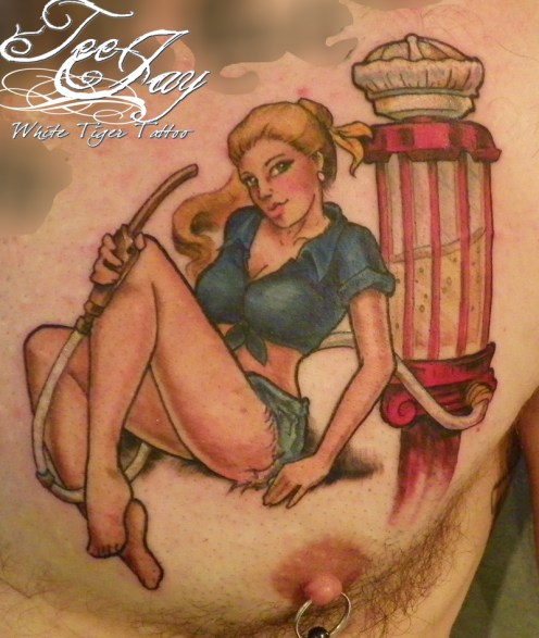 Pin Up with antique gas pump Tattoo
