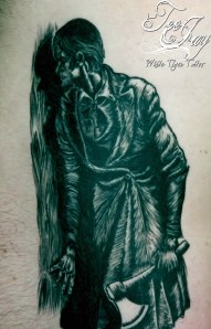 creepy guy with axe tattoo based on Fritz Eichenberg 