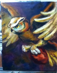 owl with heart painting in progress
