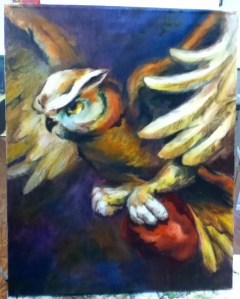 owl and heart painting in progress