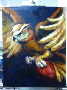 owl with heart painting in progress