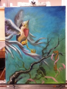 bird and key painting in progress