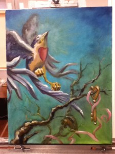painting of bird and key in progress