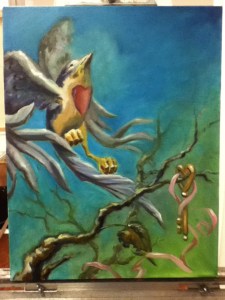 bird and key painting in progress