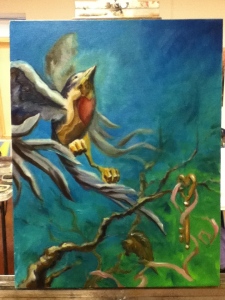 bird and key painting in progress