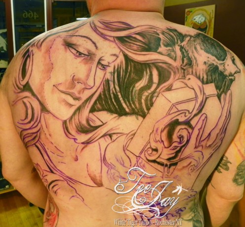 Pandora tattoo back piece