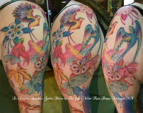 Rainbow Goblin tattoo sleeve in progress