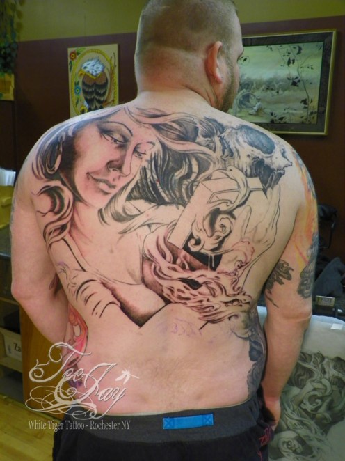 Frank's back piece tattoo of Pandora in progress