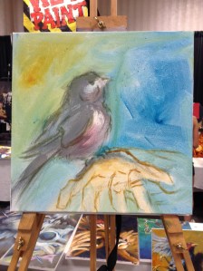 wip oil painting bird on hand