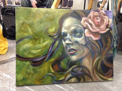 wip oil painting woman skull face rose