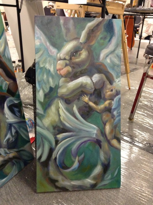 wip oil painting winged mer-rabbit faces off cherub
