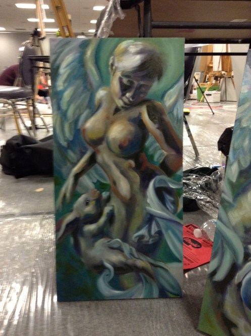 wip oil painting winged mermaid with merbunny
