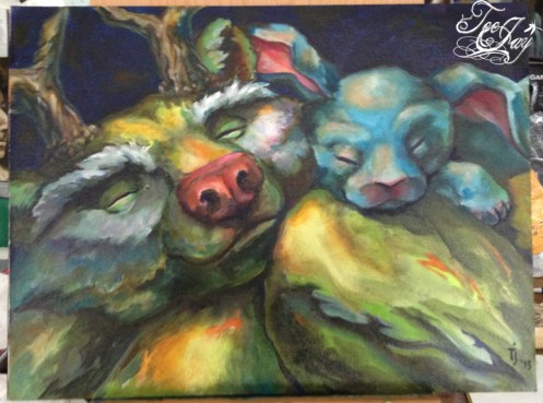 Bear and Bunny painting oil