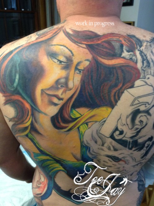 Pandora back tattoo in progress