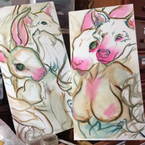 bunny and wolf paintings in progress
