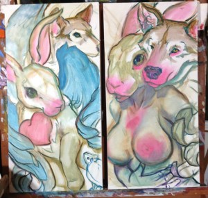 bunny and wolf paintings in progress