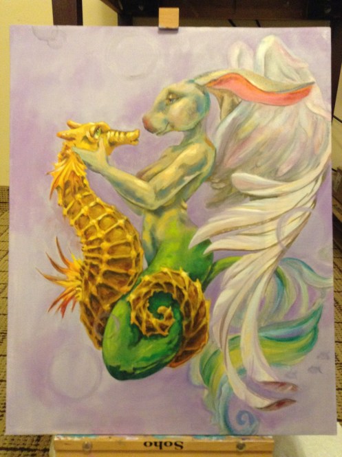 Siren and seahorse painting in progress