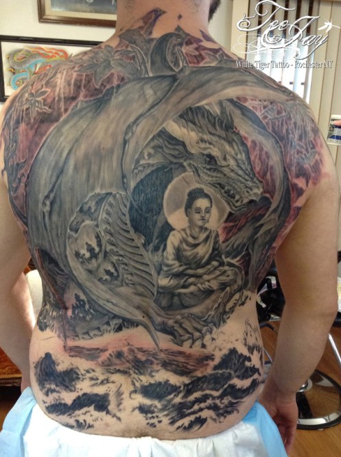 Buddha Naga Bahamut backpiece tattoo