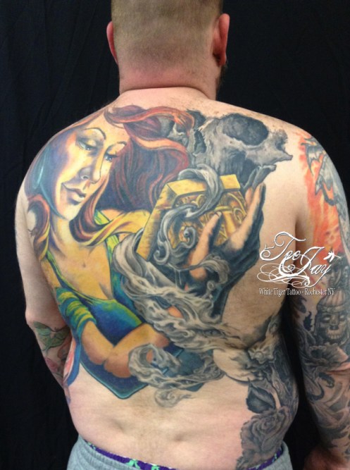 Pandora back piece tattoo (looking into box)