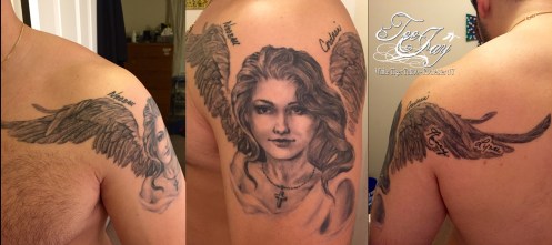 Healed angel tattoo with family names