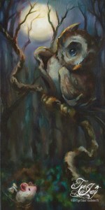 Owl and wind-up mouse painting by TeeJay