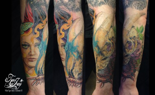 woman and skull tattoo