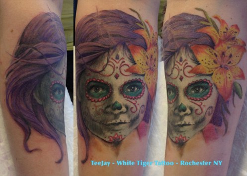 sugar skull portrait tattoo in color