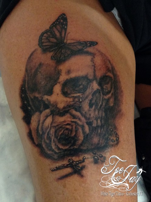 skull rose butterfly rosary tattoo