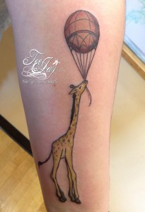 cute giraffe and balloon tattoo