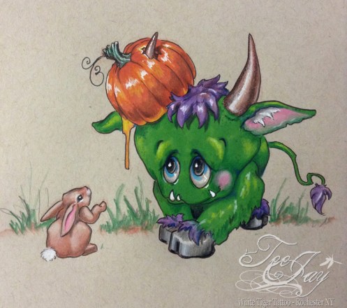 gore monster drawing with pumpkin and bunny