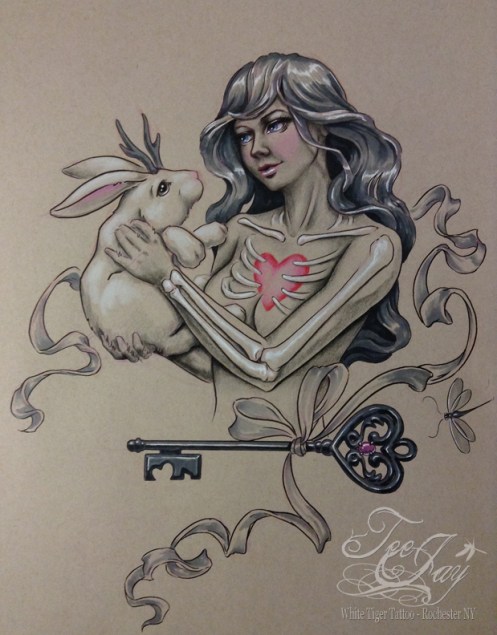 skeleton drawing with jackalope and key