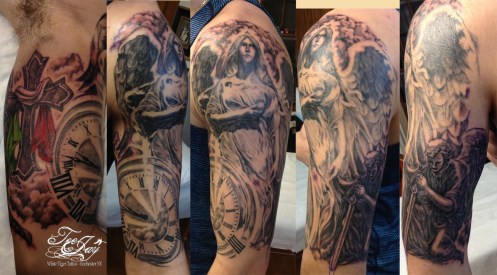 angel and clock half sleeve tattoo