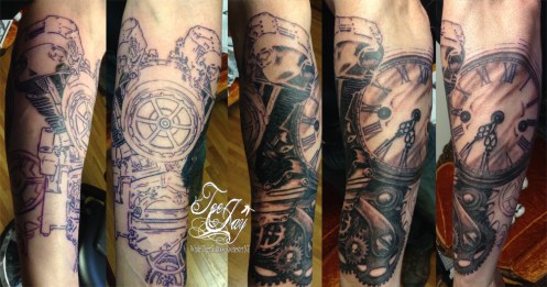 knuckle motor steampunk tattoo in progress