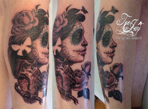 sugar skull makeup with owl and roses (tattoo)