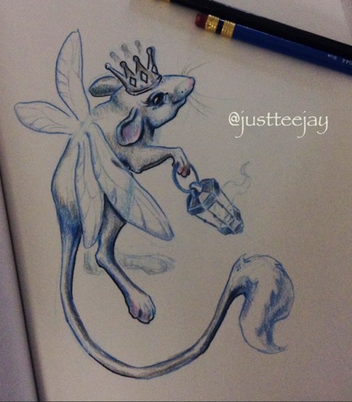 mouse with dragonfly wings, crown and lantern (drawing)
