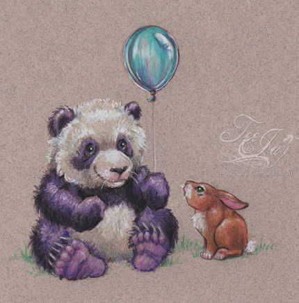 purple panda with balloon and bunny friend