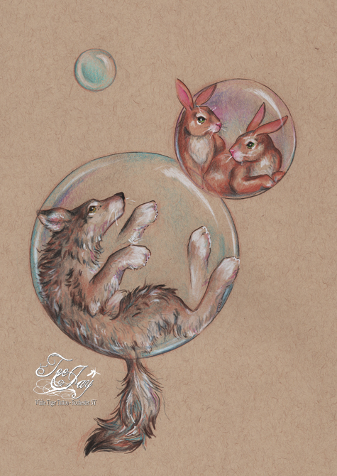 wolf and bunnies in bubbles