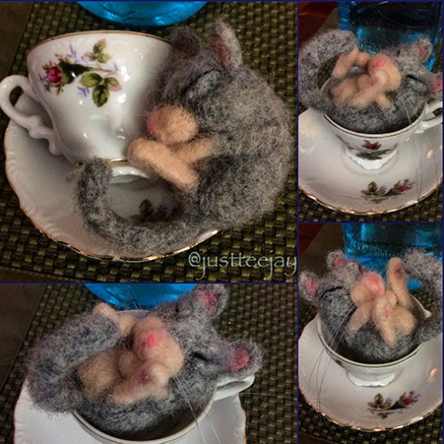 needle felted mouse in tiny tea cup