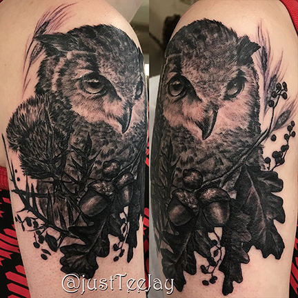 black and grey owl tattoo