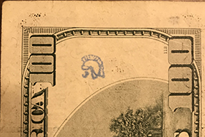 spartan helmet stamp on $100 bill