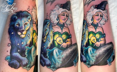 steampunk lady and lion tattoo